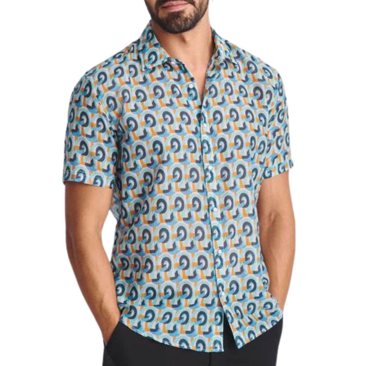 Teal/Orange Swirls Printed Lightweight Cotton/Silk Short Sleeve Shirt by Potmarc