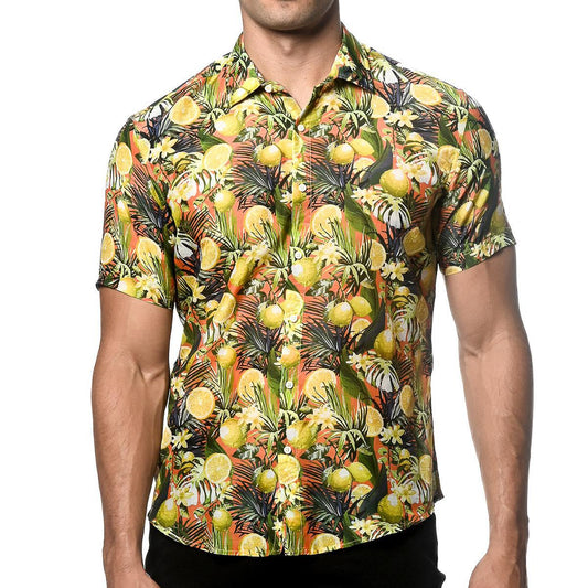 Coral/Lemon Fruits Cotton/Silk Short Sleeve Shirt by Postmarc