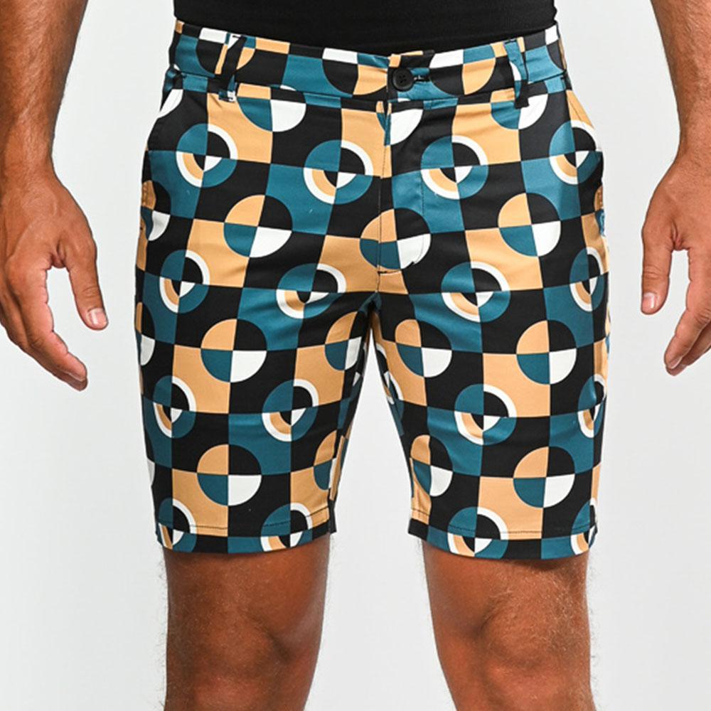 Camel/Marine Circles 8" Inseam Printed Stretch Woven Shorts by Postmarc (PM-24706)