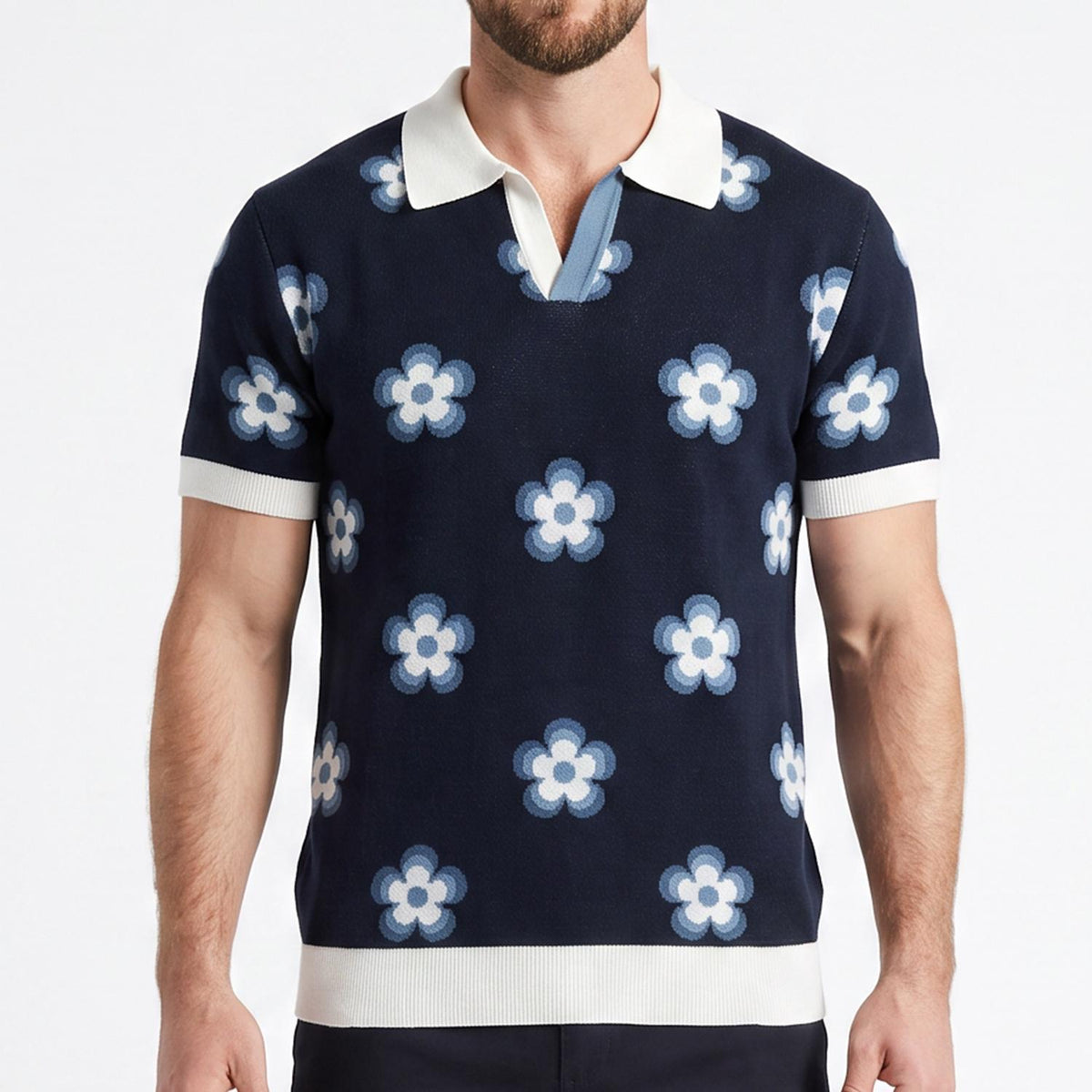Blue Flower Power Retro Johnny Collar Cotton Knit Polo Shirt