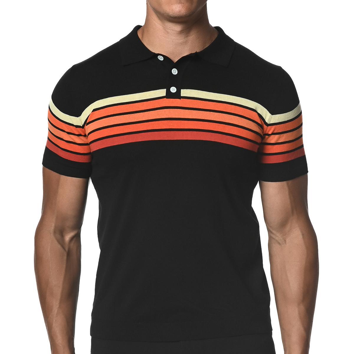 Sienna Orange/Black Retro Stripe Knit Polo Shirt by Postmarc