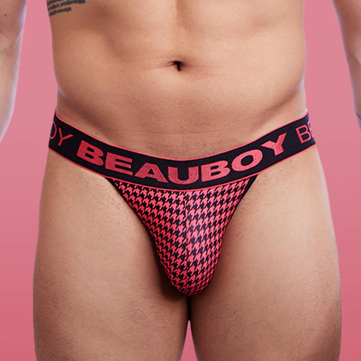 Coral/Black Houndstooth Print Thong by Beauboy Menswear