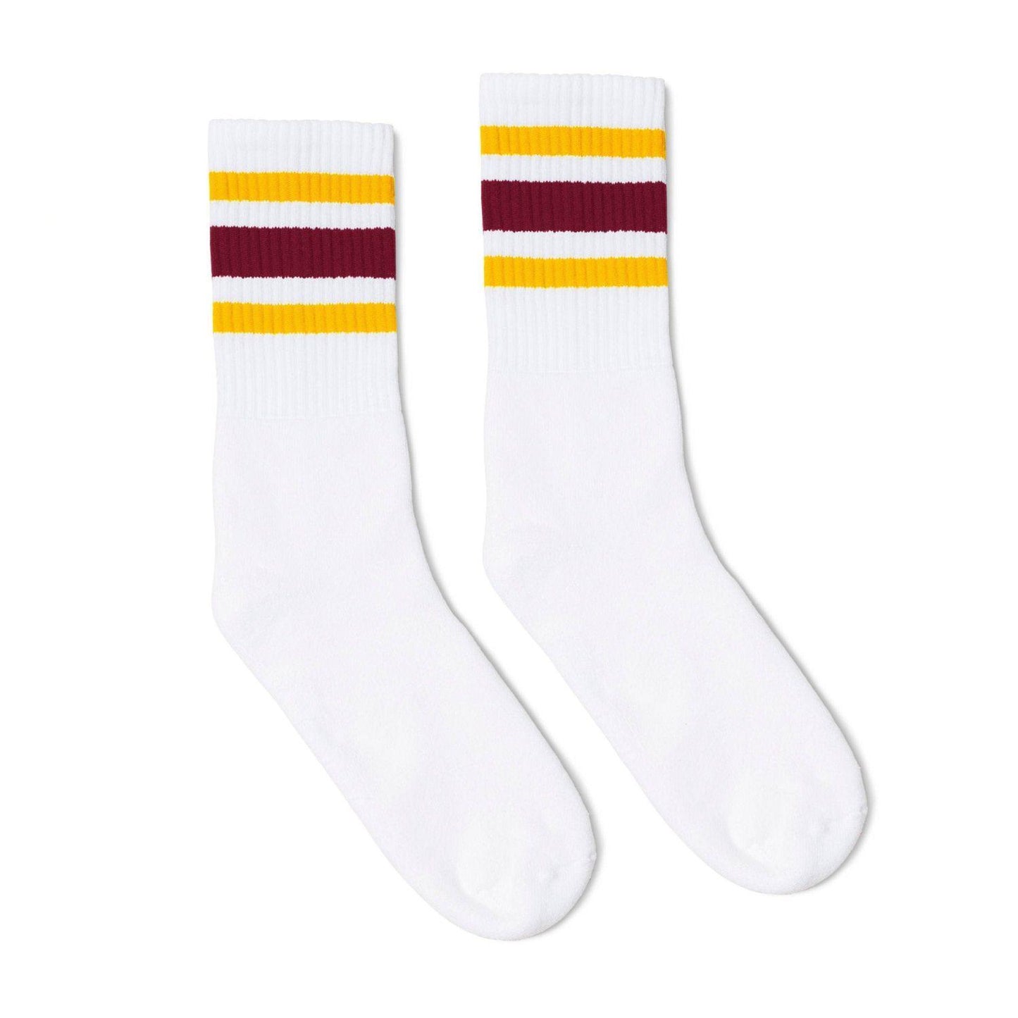 Gold & Maroon Striped White Crew Socks by SOCCO