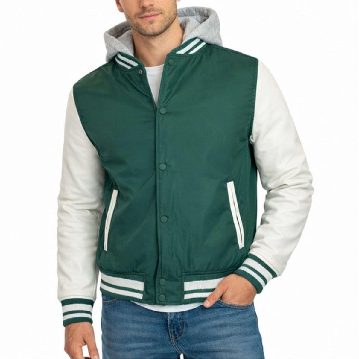 Green Hooded Varsity Jacket w/ Detachable Hood