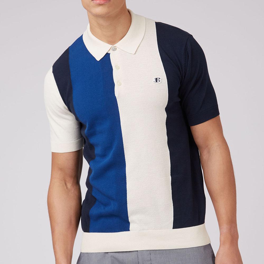 B by Ben Sherman Block Stripe Ivory/Navy Stripe Knit Polo