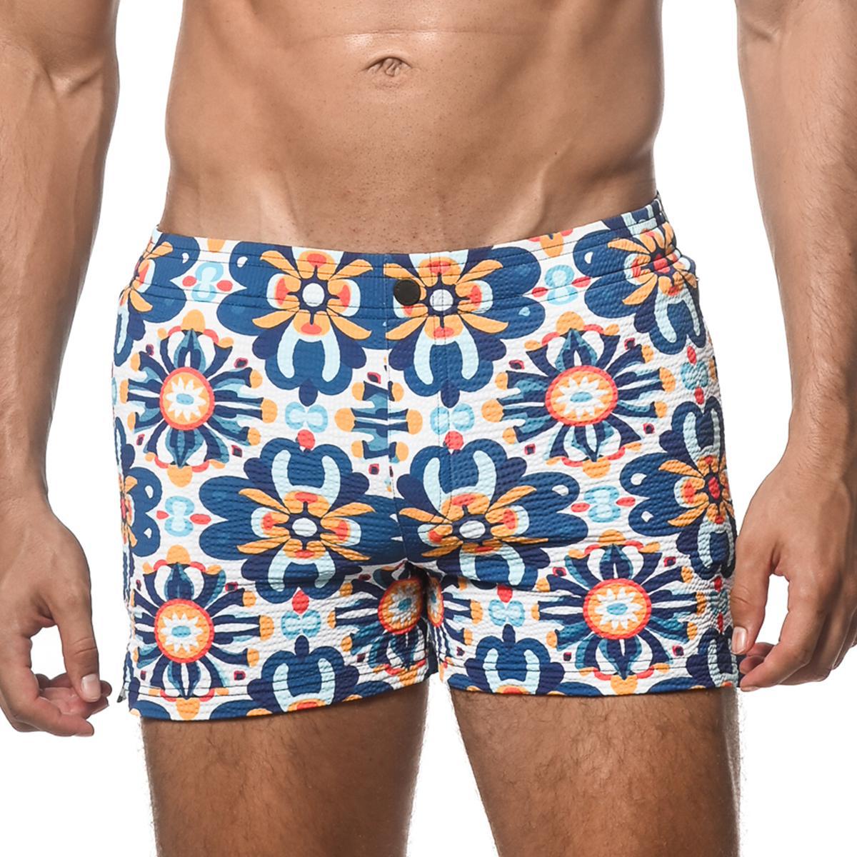 Cobalt/Sunrise Floral Tile Seersucker Swim Shorts by Postmarc