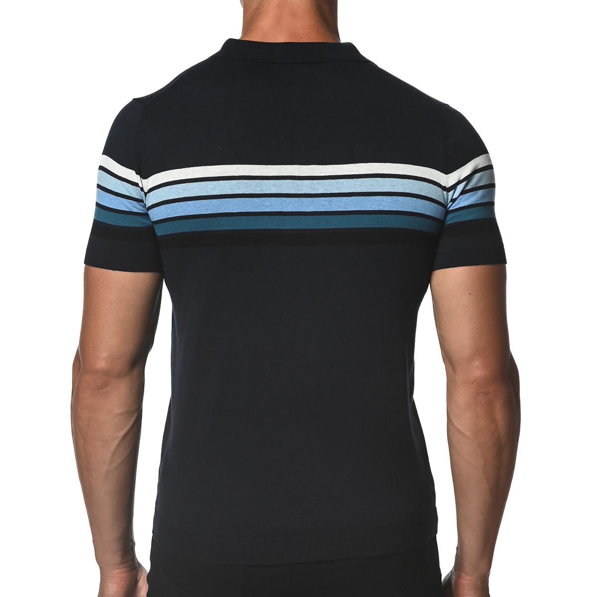 Blue/Navy Retro Stripe Knit Polo Shirt by Postmarc