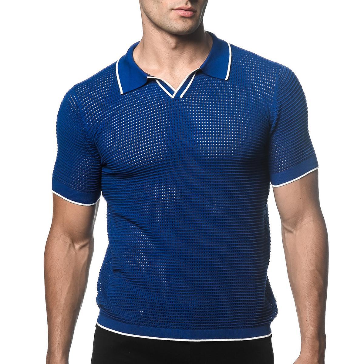 Cobalt/White Textured Johnny Collar Mesh Knitted Polo by Postmarc