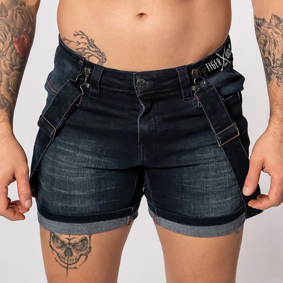 Dark Brushed Denim Homar Shorts with Tartan Fashion Straps by TigerXHorse Denim