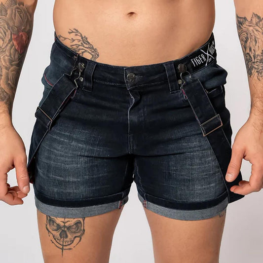 Dark Brushed Denim Homar Shorts with Tartan Fashion Straps by TigerXHorse Denim
