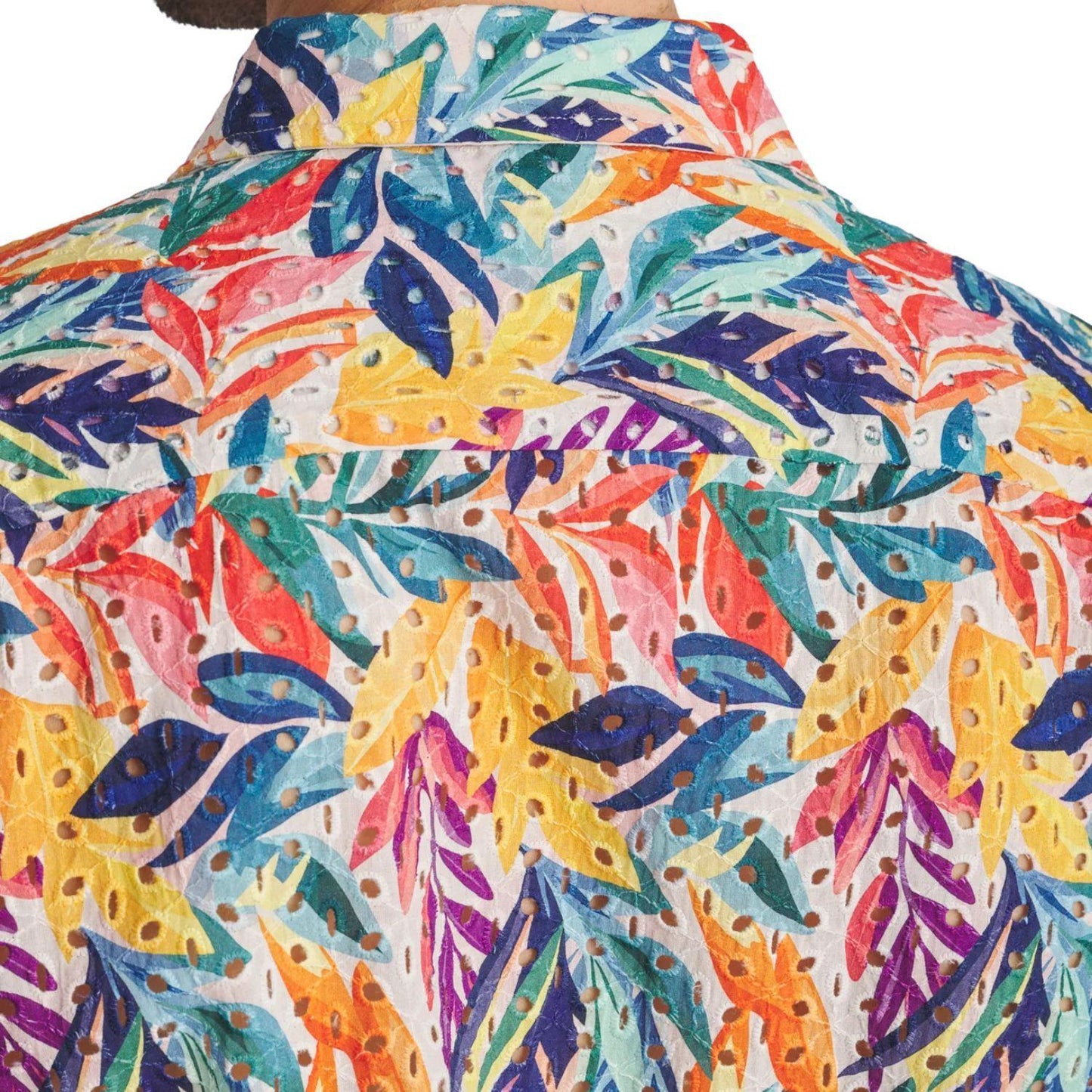 Rainbow Leaves Printed Eyelet Short Sleeve Woven Shirt by Postmarc