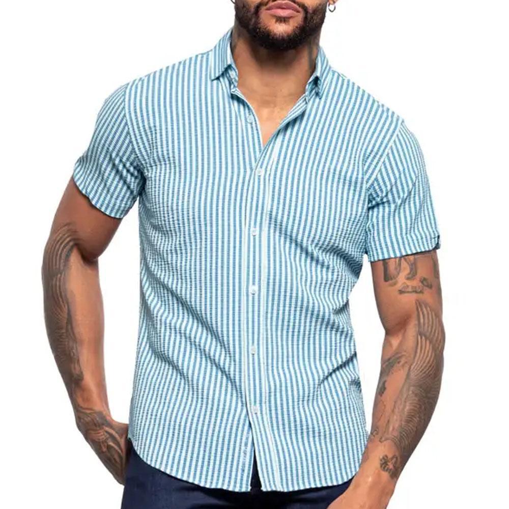 Summer Blue Stripes Seersucker Short Sleeve Shirt by Eight X