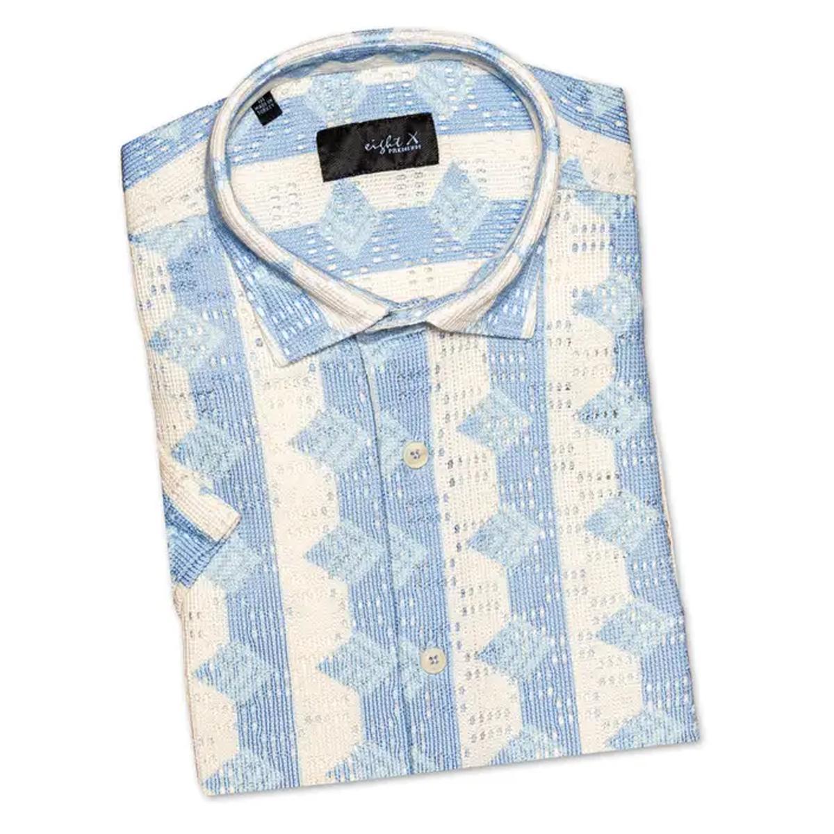 Blue Rhombus and Stripe Crochet Shirt by Eight X