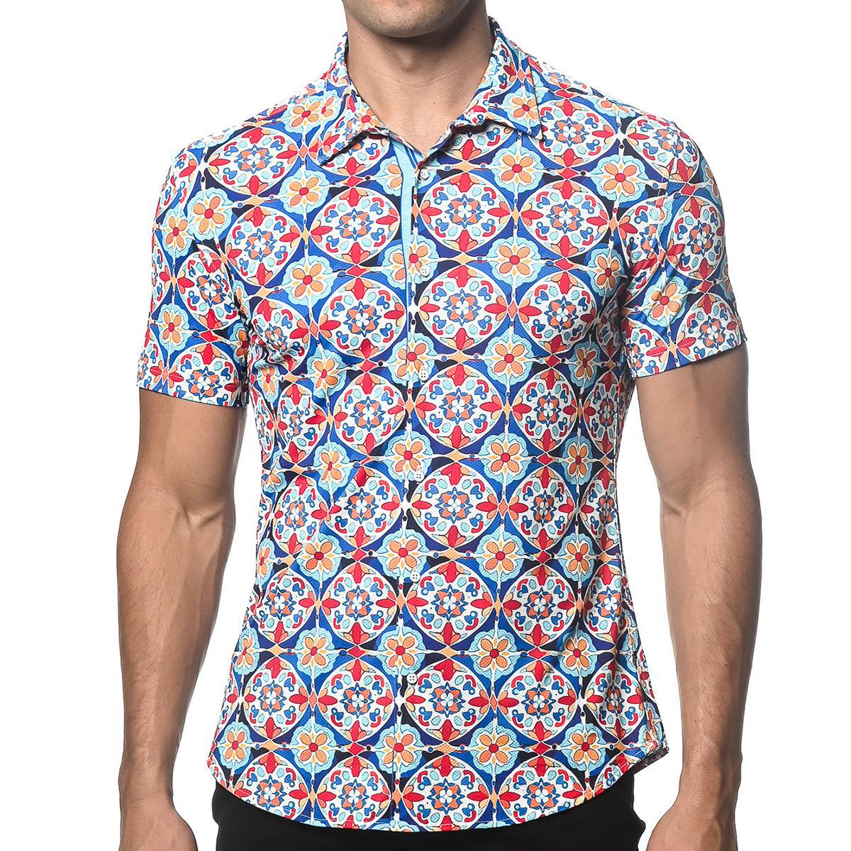 Blue/Gold Floral Tiles Performance Stretch Short Sleeve Shirt by Postmarc