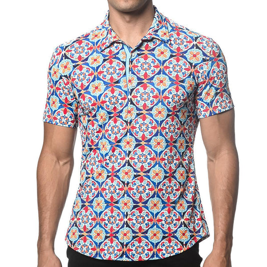 Blue/Gold Floral Tiles Performance Stretch Short Sleeve Shirt by Postmarc