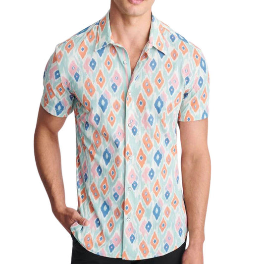 Mint/Coral Diamonds Printed Performance Short Sleeve Shirt w/ Contrast Placket by Postmarc