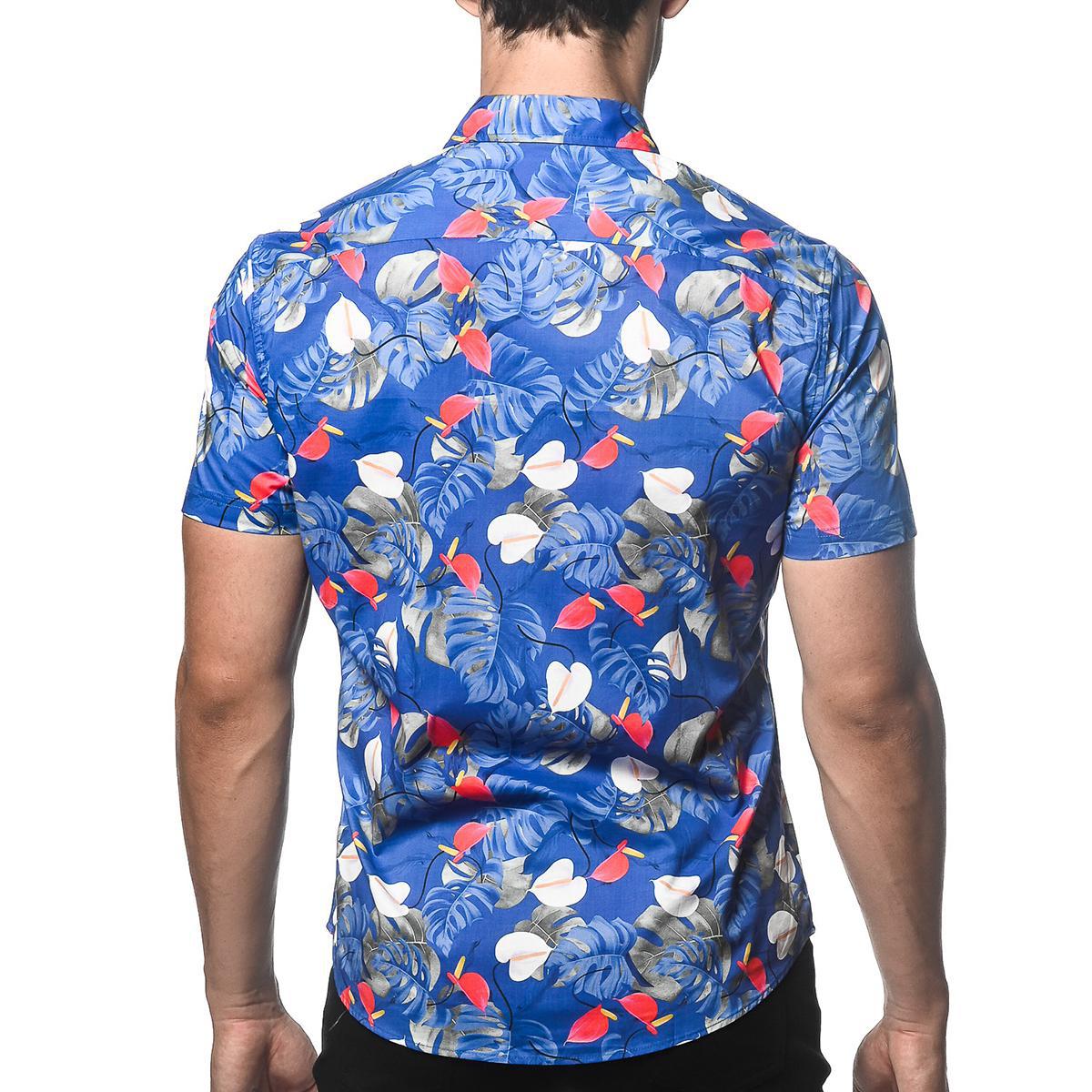 Cobalt/Red Tropicale Cotton/Tencel Short Sleeve Shirt by Postmarc