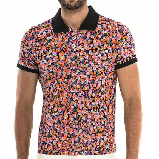 Orange Mini Floral Stretch Cotton Jersey Knit Polo by Postmarc (PM-16119)