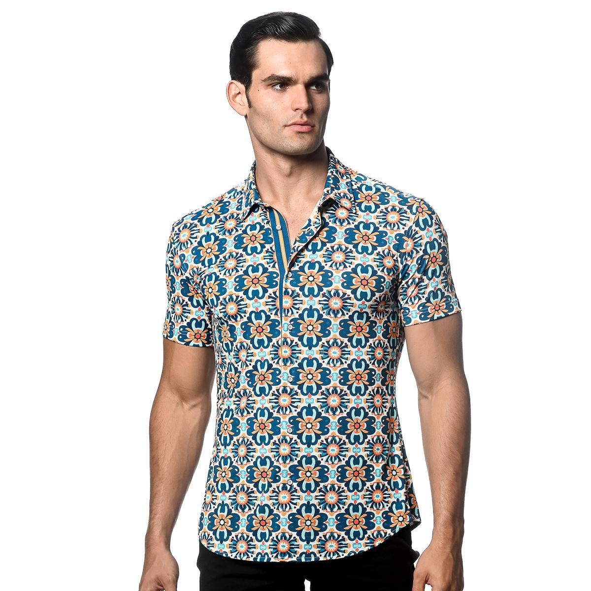 Cobalt/Sunrise Floral Tiles Performance Stretch Short Sleeve Shirt by Postmarc