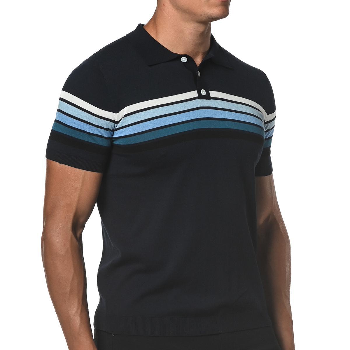 Blue/Navy Retro Stripe Knit Polo Shirt by Postmarc