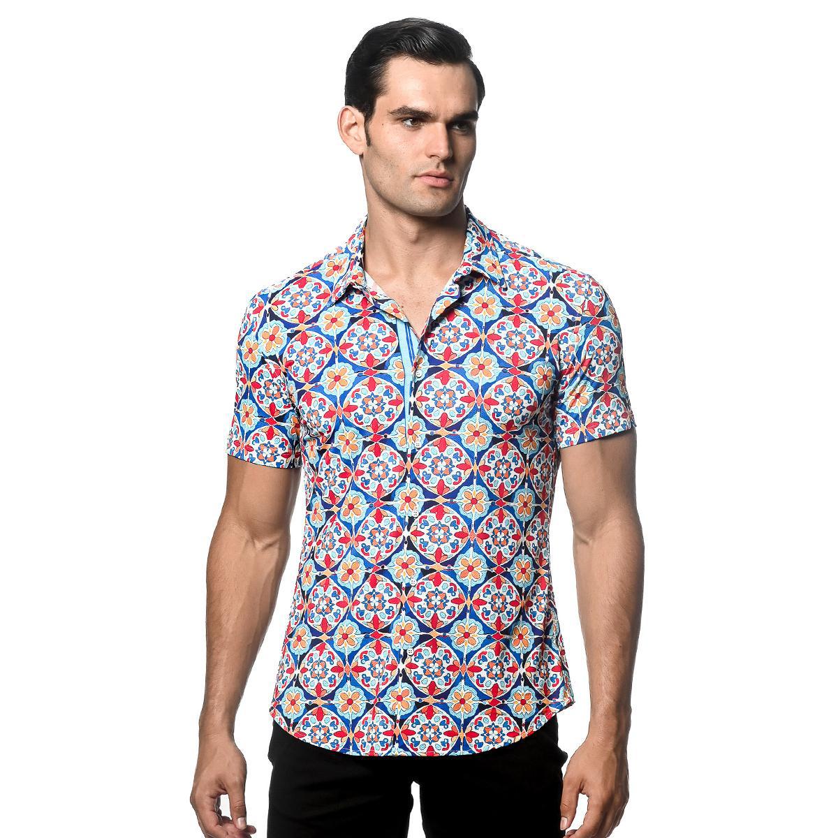 Blue/Gold Floral Tiles Performance Stretch Short Sleeve Shirt by Postmarc