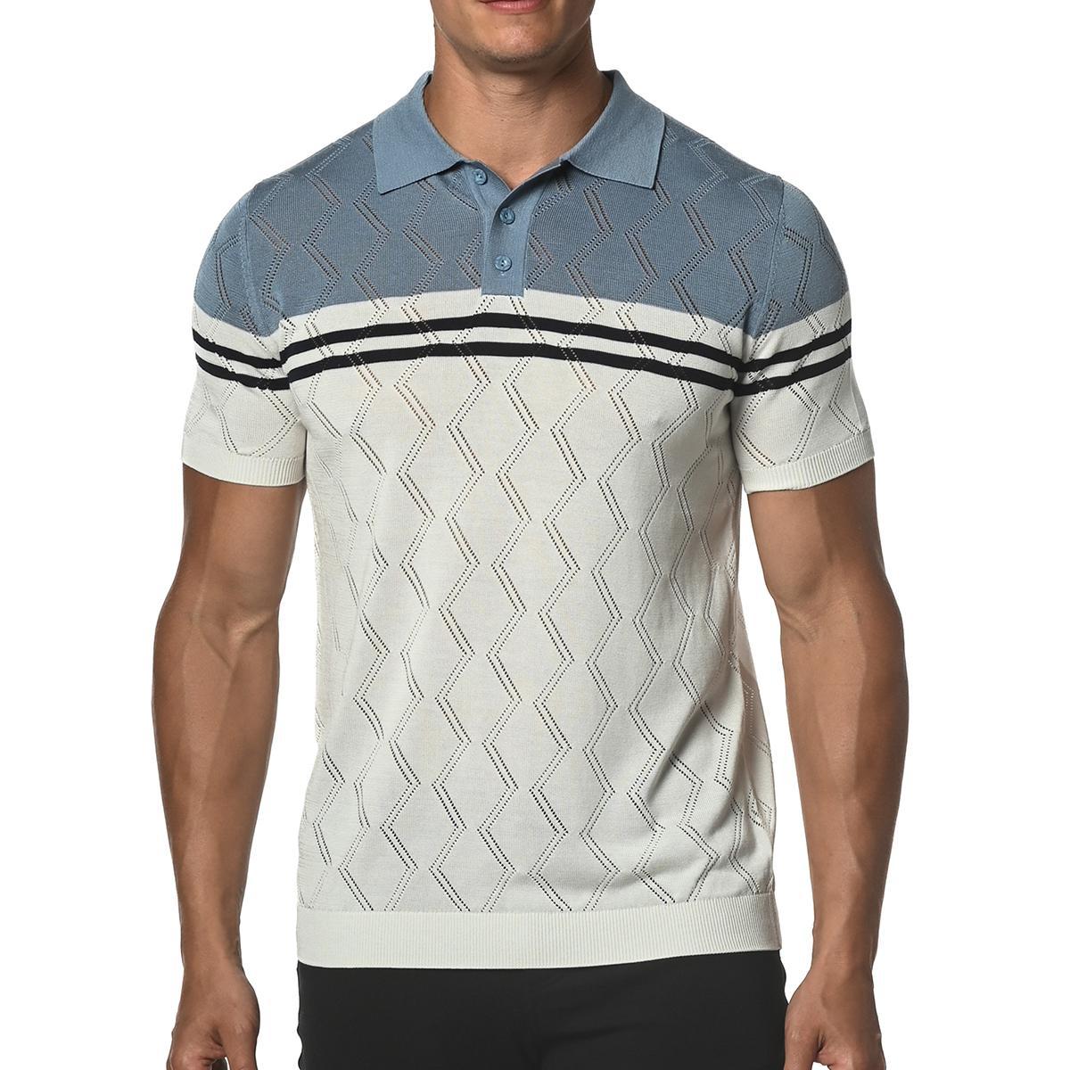 Slate Blue/Navy Zigzag Stripe Silk and Tencel Knit Polo Shirt by Postmarc