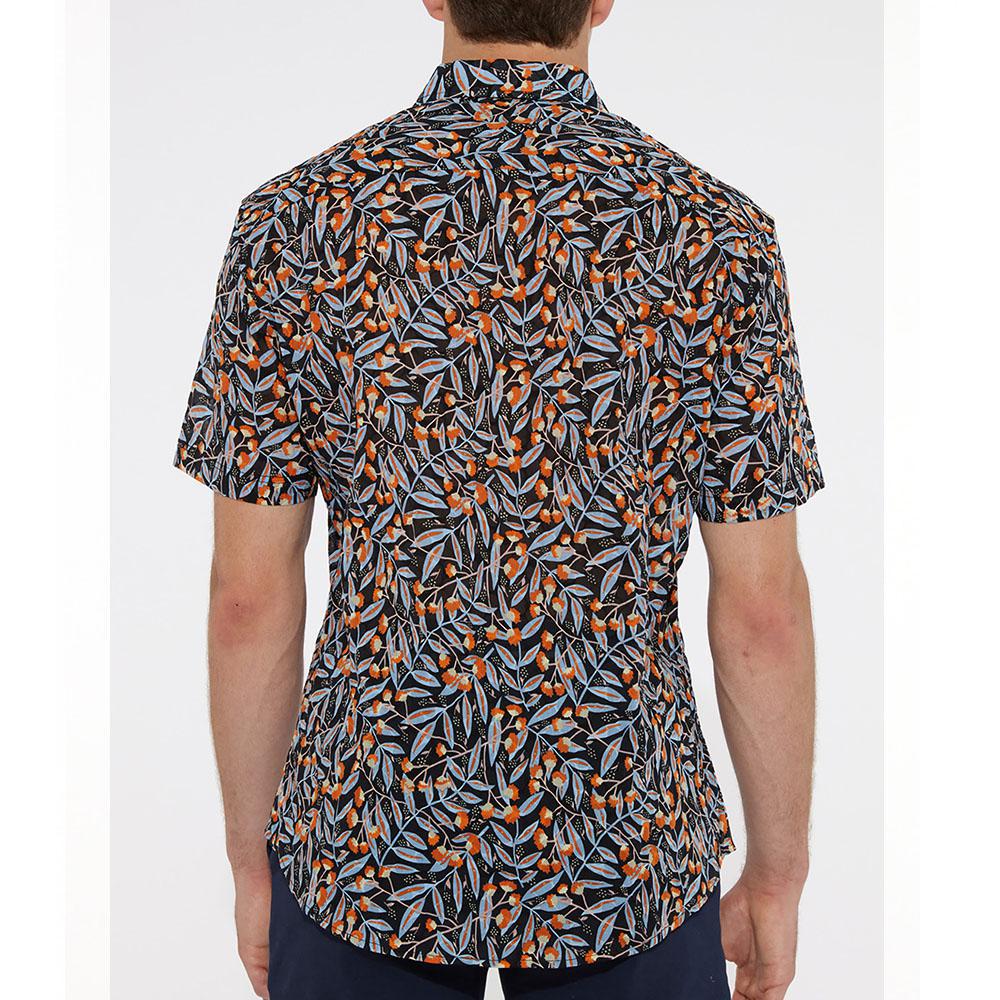 Black/Orange Foliage Cotton Seersucker Woven Short Sleeve Shirt by Postmarc (PM-14104)