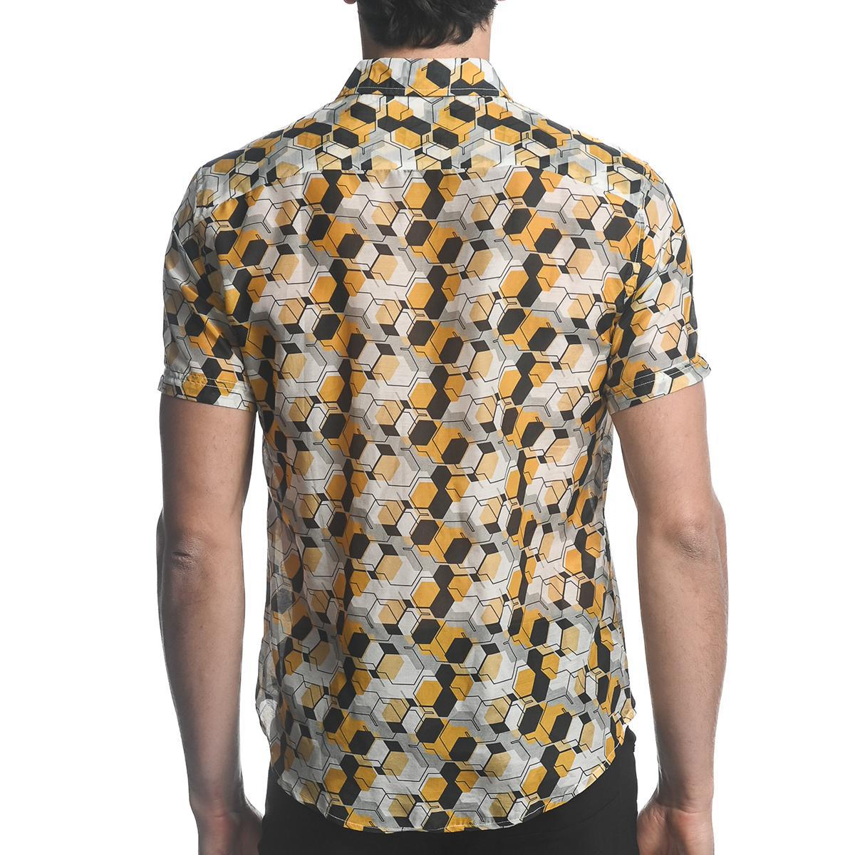 Gold/Charcoal Cells Silk/Cotton Short Sleeve Shirt by Postmarc