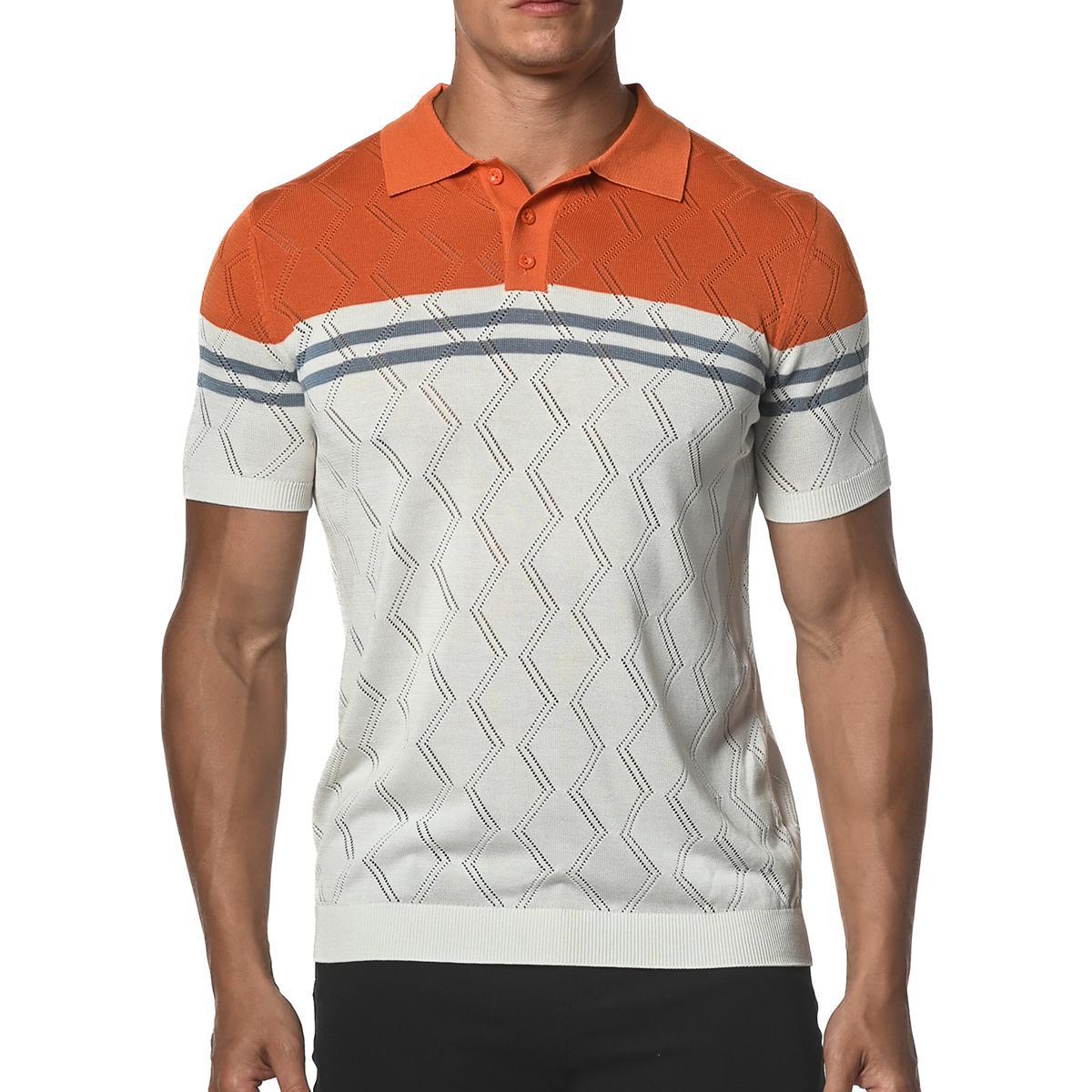 Sienna Orange/Slate Blue Zigzag Stripe Silk and Tencel Knit Polo Shirt by Postmarc