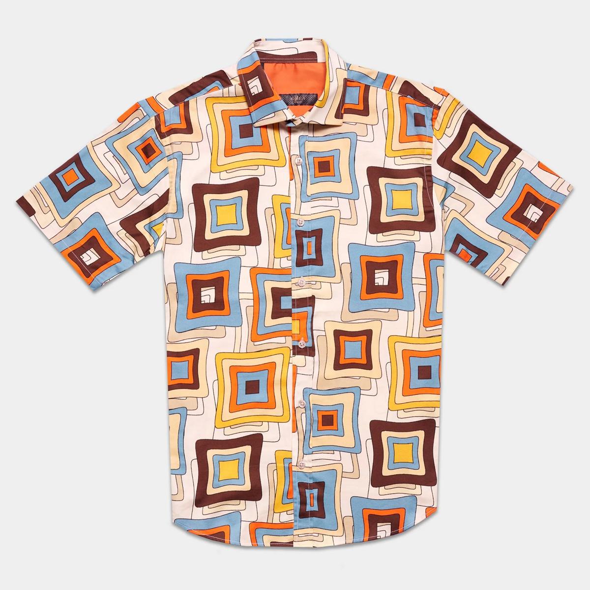 Square Dance Tan/Brown/Blue Short Sleeve Button Down Shirt by Eight-X