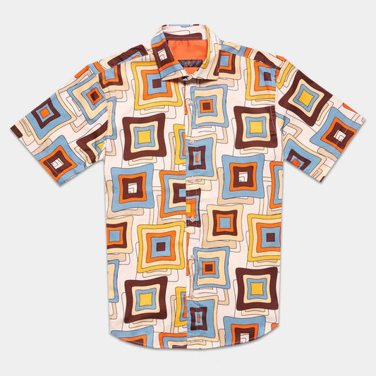 Square Dance Tan/Brown/Blue Short Sleeve Button Down Shirt by Eight-X