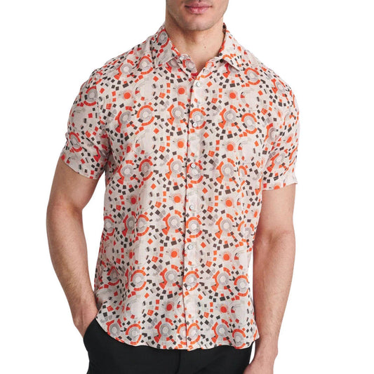 Spice/Olive Circles Printed Lightweight Linen/Tencel Short Sleeve Shirt by Postmarc