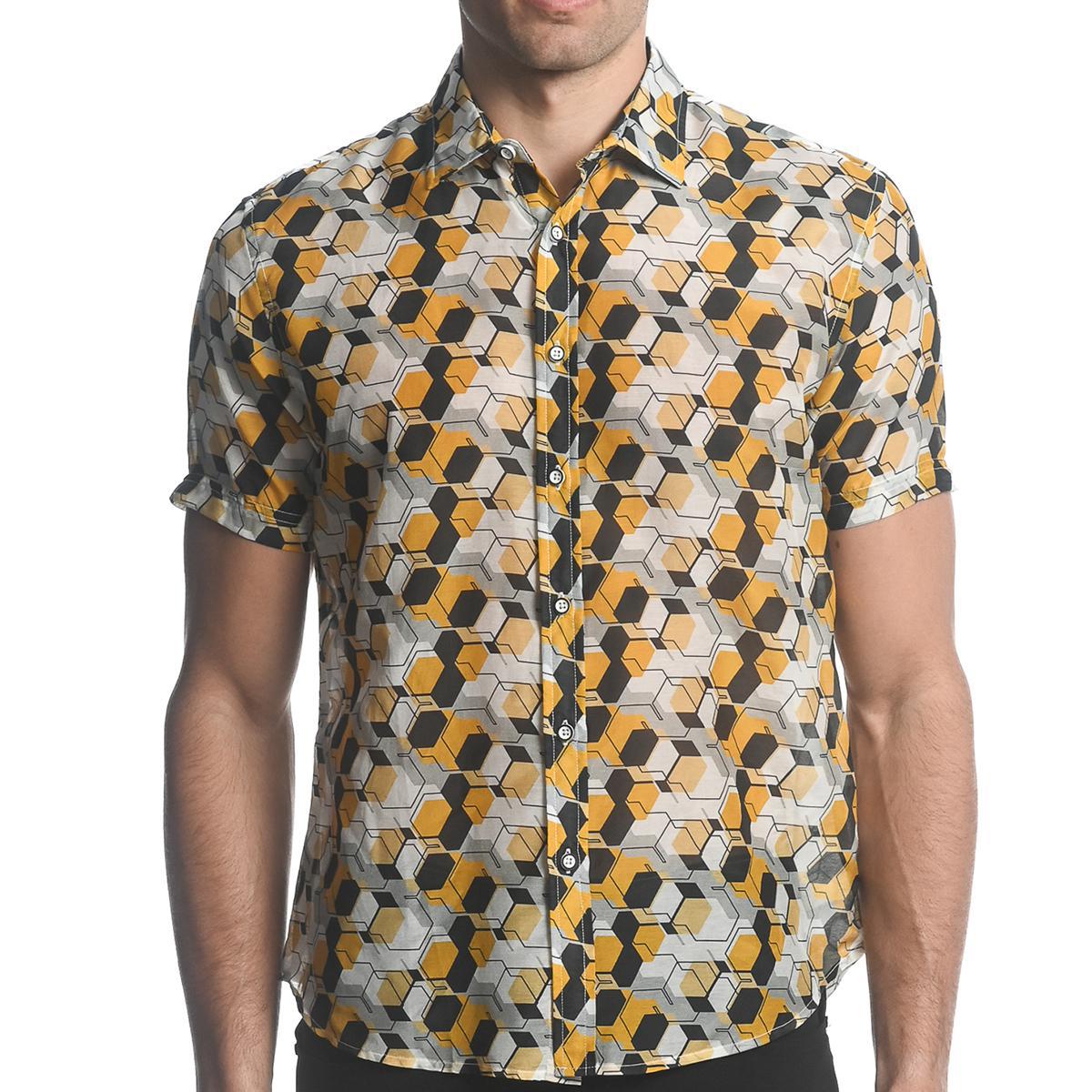Gold/Charcoal Cells Silk/Cotton Short Sleeve Shirt by Postmarc