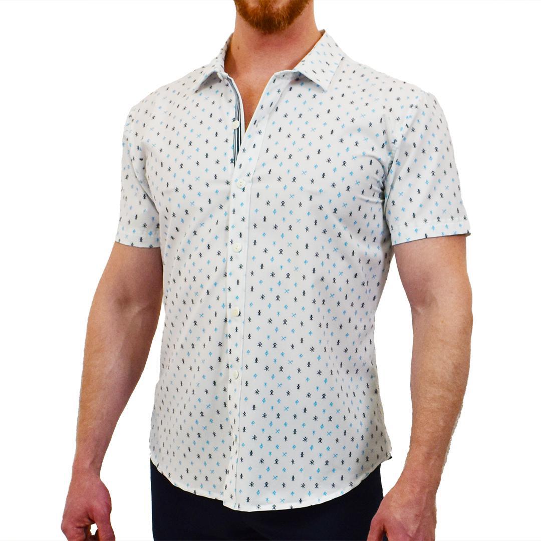 Runes White/Aqua/Black Patterned Slim Fit Style Stretch Short Sleeve Shirt by Assassin Menswear