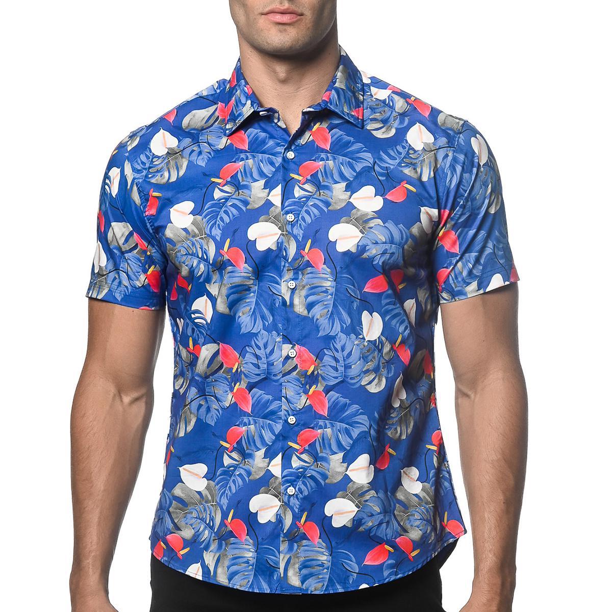 Cobalt/Red Tropicale Cotton/Tencel Short Sleeve Shirt by Postmarc