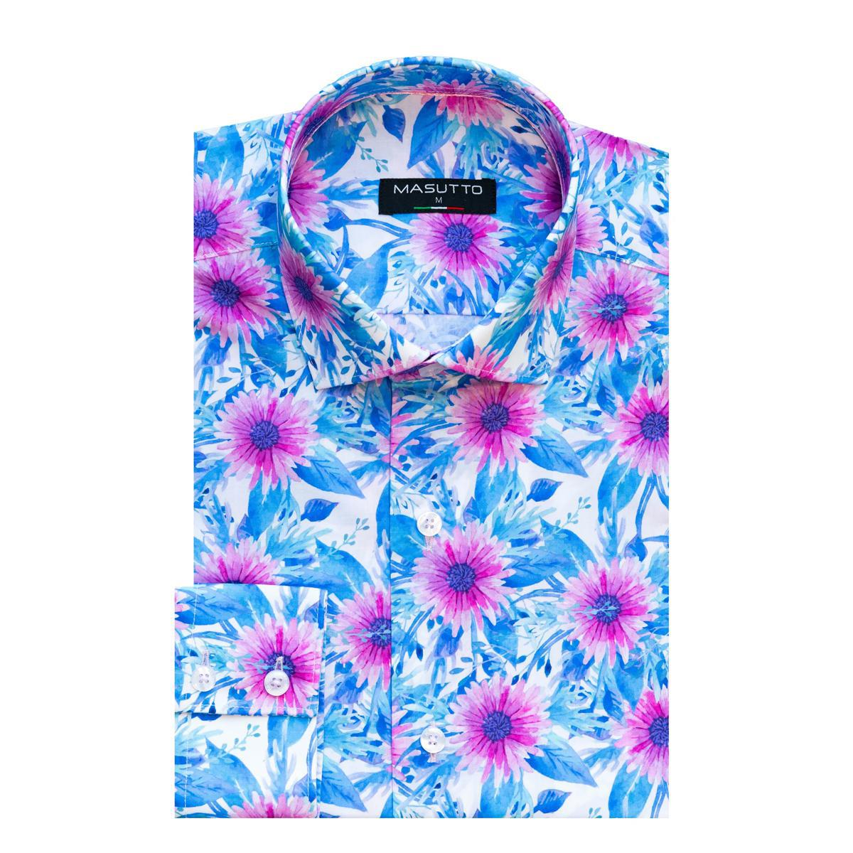 Basten Blue/Pink Floral Cotton Long Sleeve Shirt by Masutto