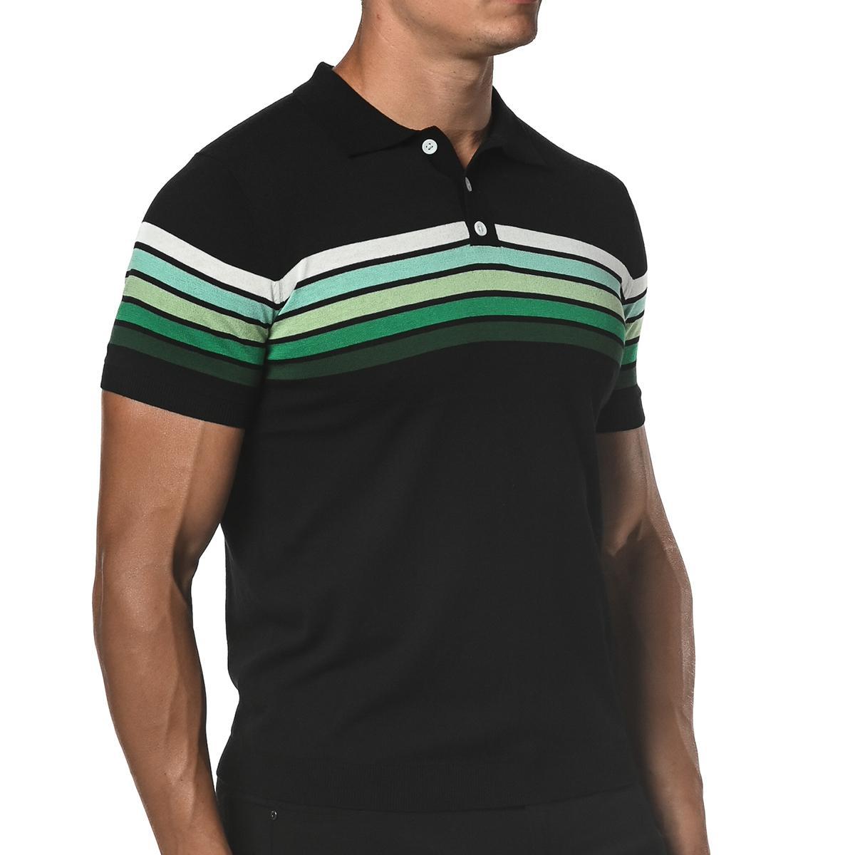 Emerald Green/Black Retro Stripe Knit Polo Shirt by Postmarc