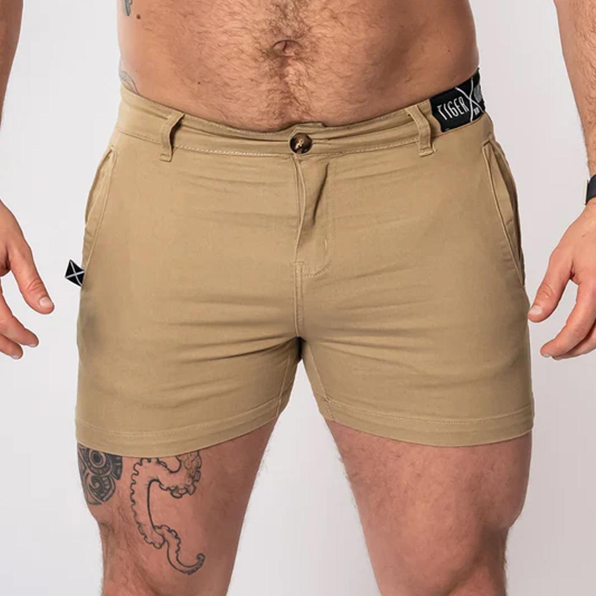 Camel Khaki 4" Inseam Stretch Cotton Finn Shorts by TigerXHorse Denim