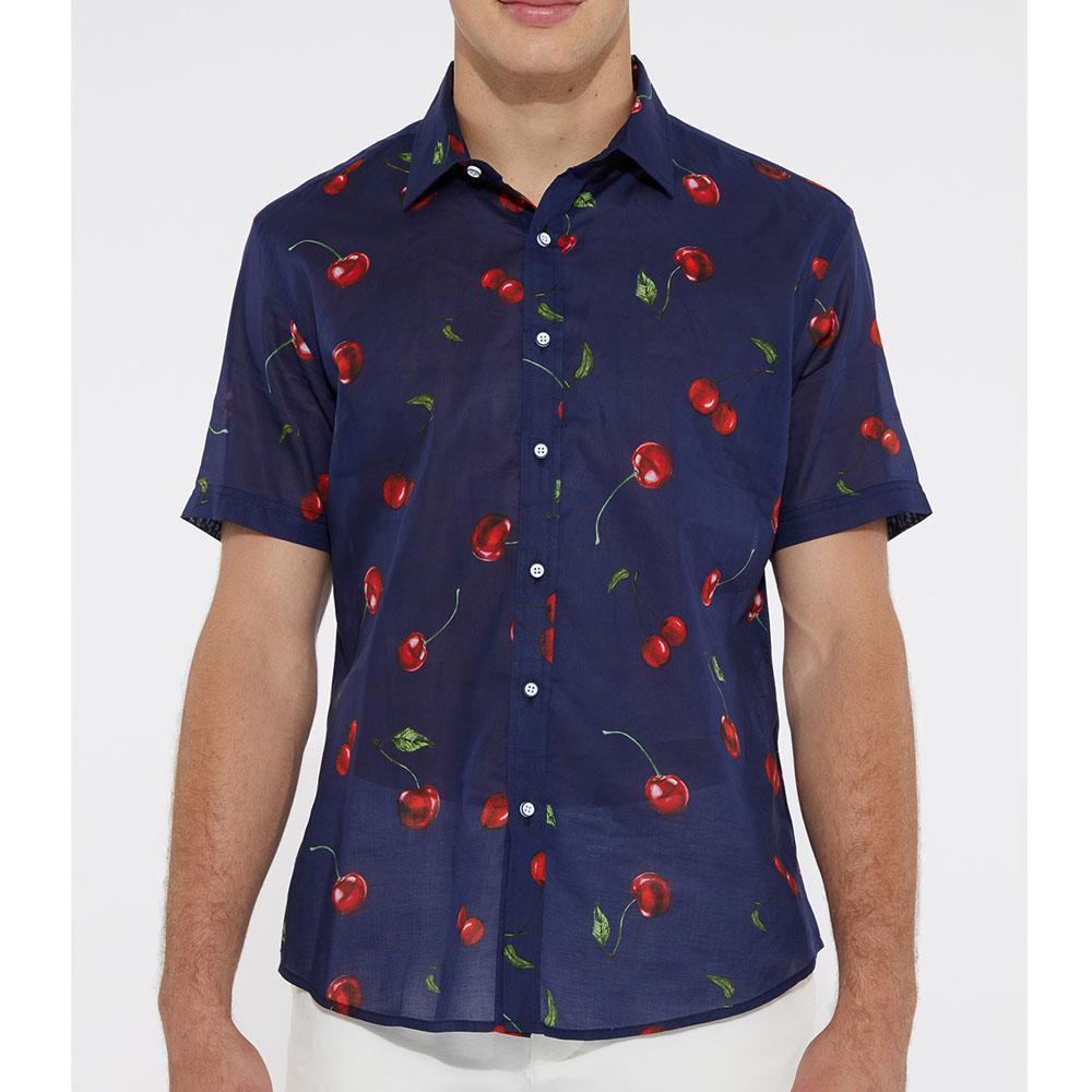 Navy Cherries Cotton Voile Short Sleeve Shirt by Postmarc (PM-44000)