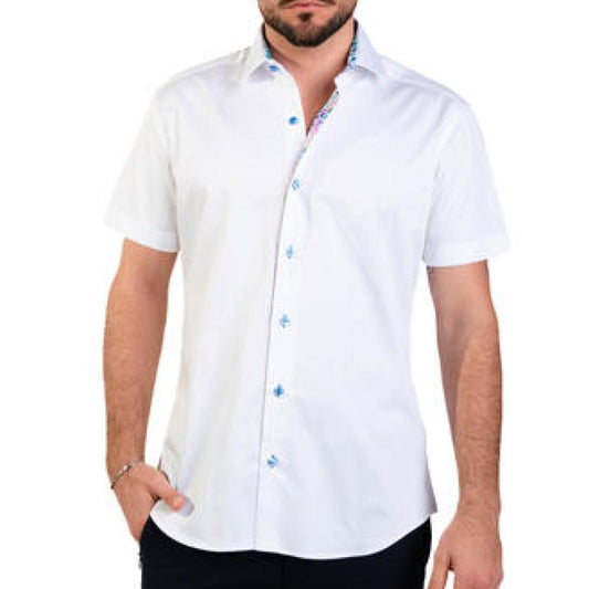 Luigi White Solid Color Cotton Short Sleeve Shirt by Masutto