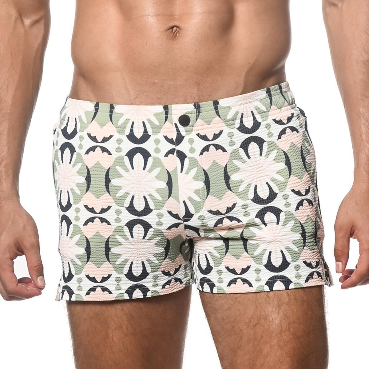 Aloe/Spruce Floral Tile Seersucker Swim Shorts by Postmarc