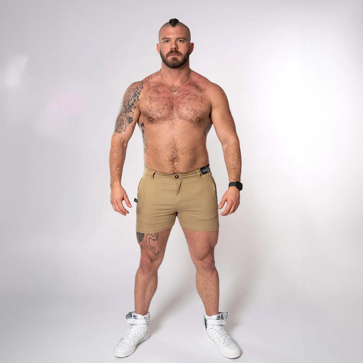 Camel Khaki 4" Inseam Stretch Cotton Finn Shorts by TigerXHorse Denim
