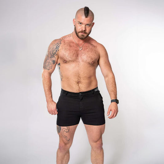 Black 4" Inseam Stretch Cotton Finn Shorts by TigerXHorse Denim