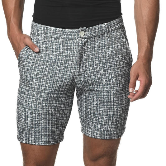 Grey Micro Check 8" Inseam Stretch Knit Shorts by Postmarc