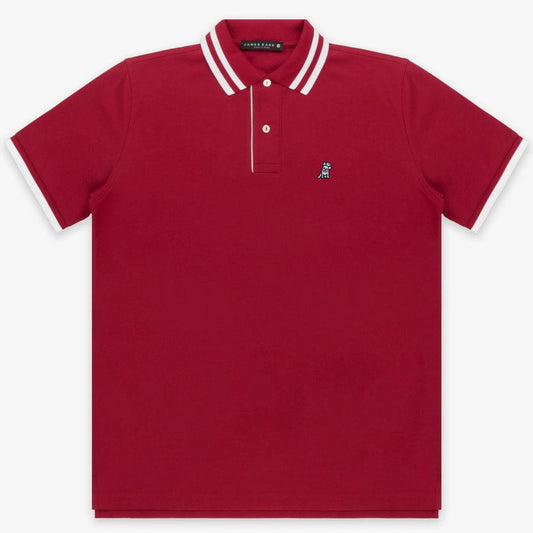 Chili Pepper Red Polo Shirt with White Striped Collar and French Bulldog Logo by James Bark