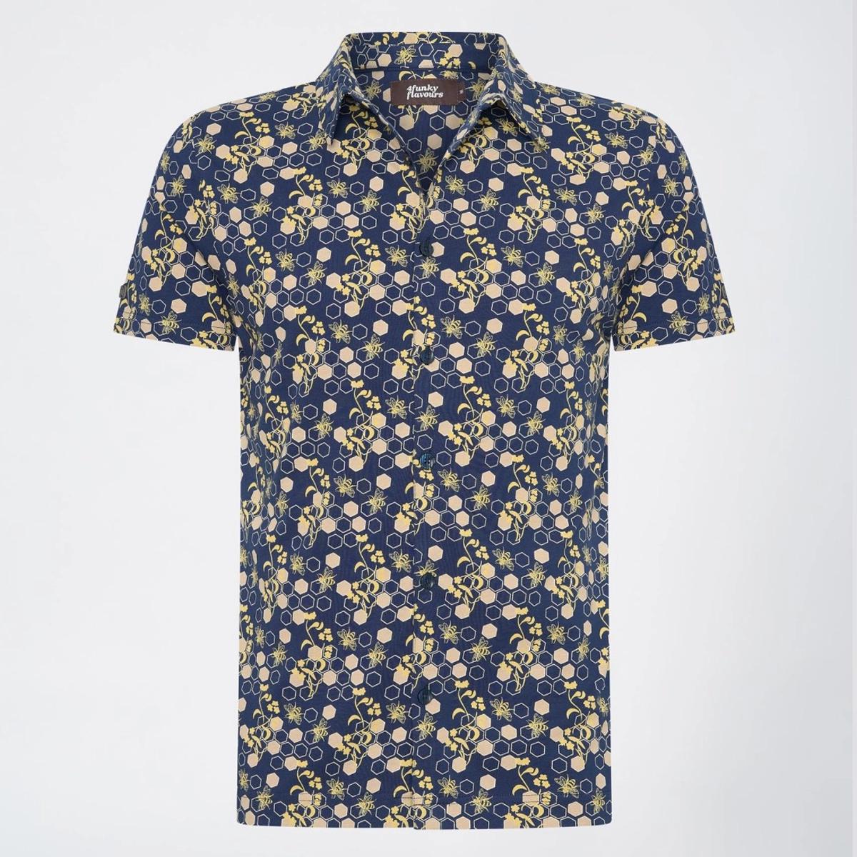 Computer Love Bee Print Navy/Yellow Short Sleeve Cotton Shirt by 4FunkyFlavours