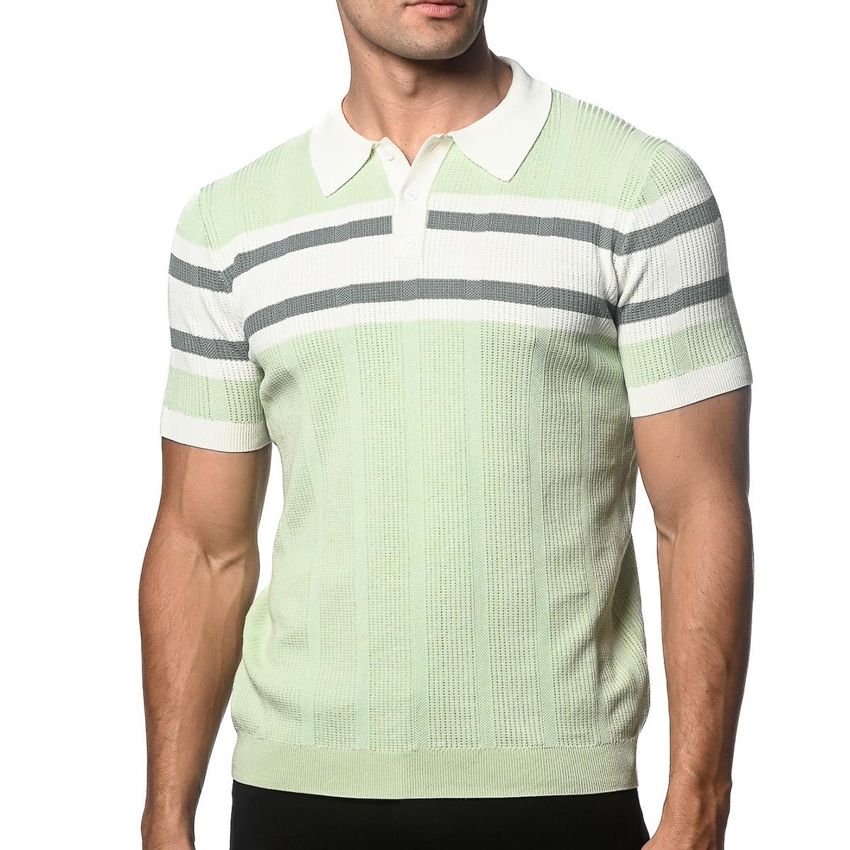 Cool Mint Green Silk/Tencel Striped Knitted Polo by Postmarc