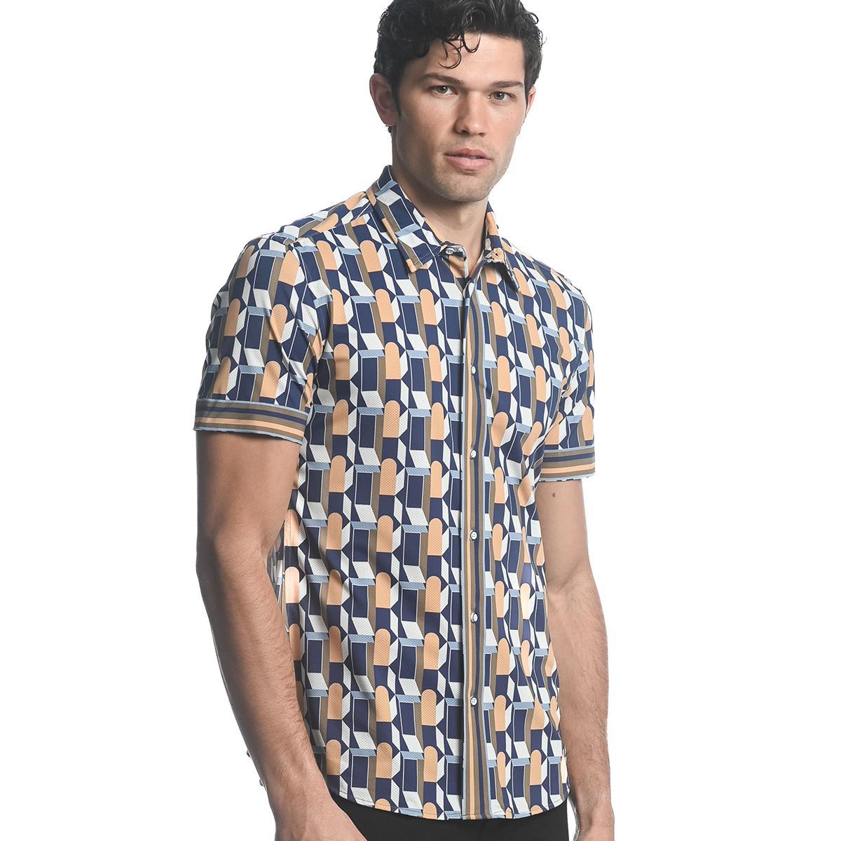Khaki/Navy Windows Performance Stretch Short Sleeve Shirt by Postmarc