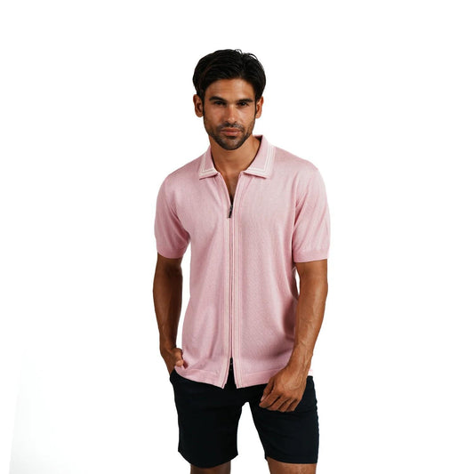 Contour Pink Short Sleeve Two Way Zip Knit Polo Shirt by Eight X