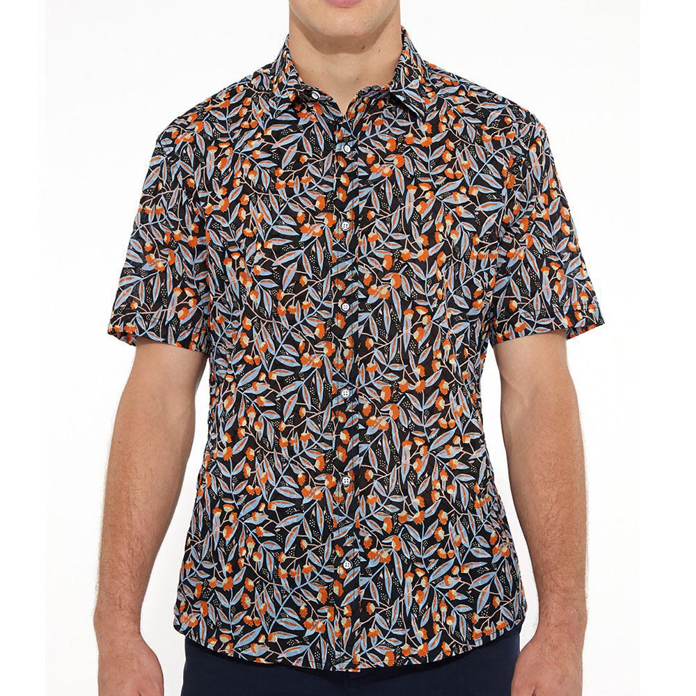 Black/Orange Foliage Cotton Seersucker Woven Short Sleeve Shirt by Postmarc (PM-14104)